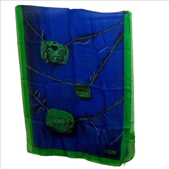 🆕 MOSCHINO BLUE & GREEN ITALIAN SILK SCARF WITH MEDALLION CHAINS - Picture 1 of 8